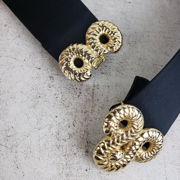 Vintage 80s 90s Wide Statement Belt Black Leather Gold Buckle Adjustable Disco main image 6